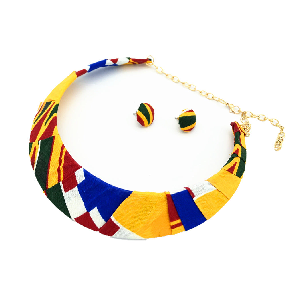 Savanna Rhythms African Style Collars and Choker Necklaces Set with Woven Fabric