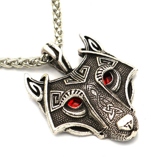 Viking Ice Plain Wolf Head Necklace with Green Eyes and Rune Pendant