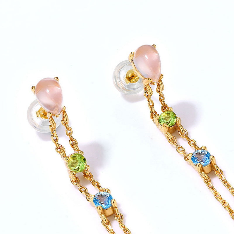 Luxury Pear Shape Pink Crystal Tassel Silver Drop Earrings