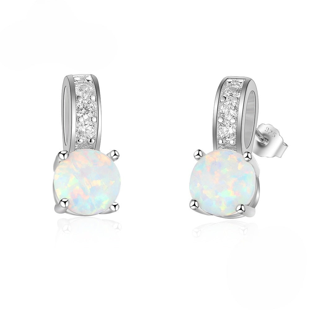 Planderful Jewelry Opal Stud Earrings In Sterling Silver With Zircon Crystals For Everyday Elegance