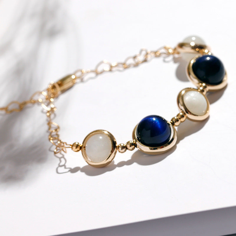 Blue Tiger Eye Crystal and Moonlight Stone Bracelet in Sterling Silver