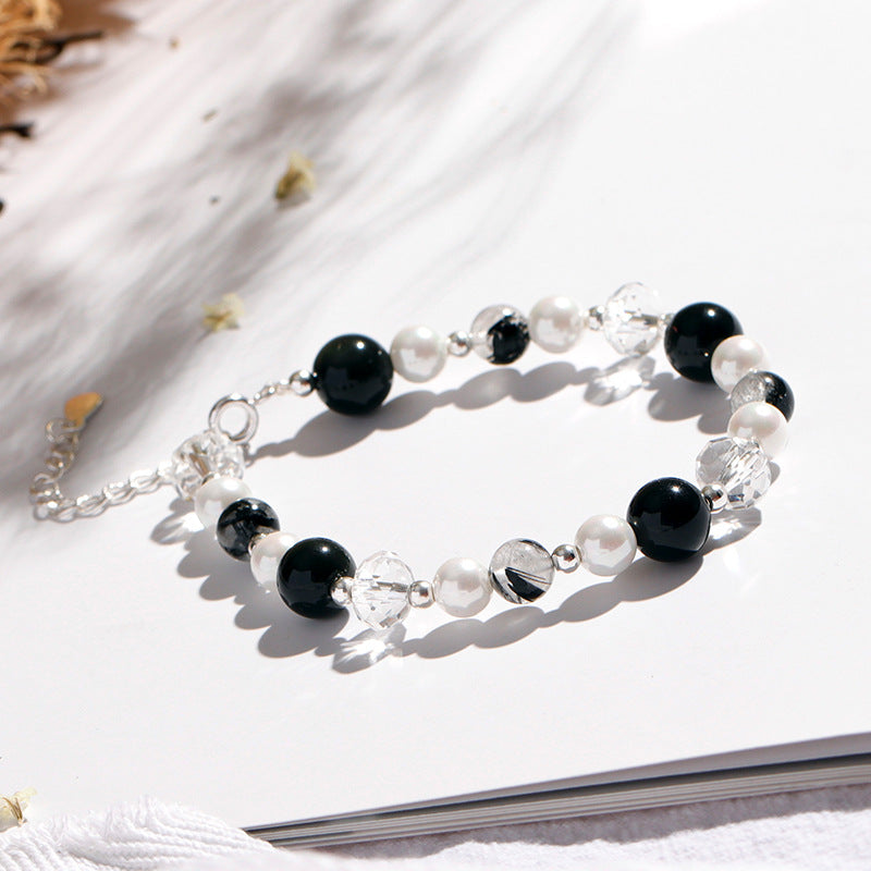 Fortune's Favor Sterling Silver Crystal and Obsidian Pearl Bracelet
