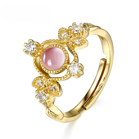 Vintage Luxury Round Shape Pink Crystal Opening Silver Ring