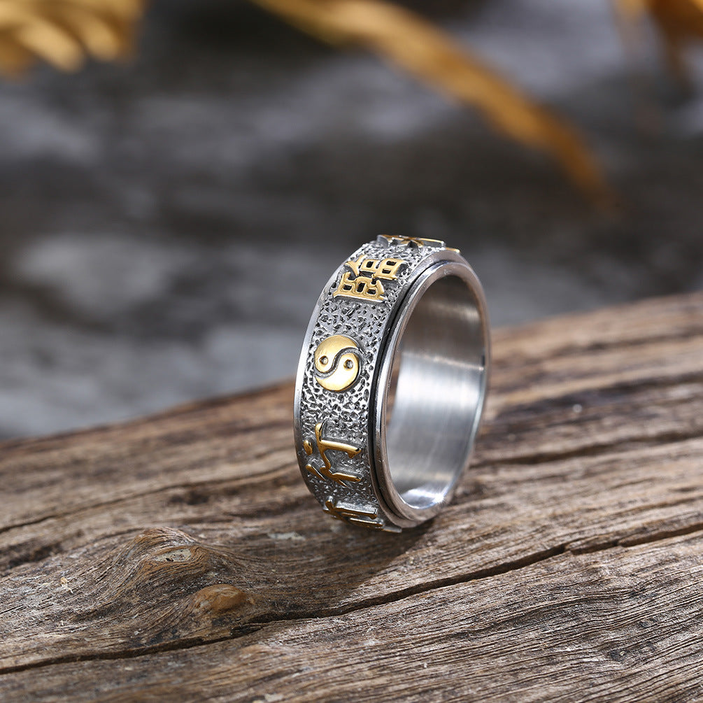 Chinese Taoist Nine Characters Mantra Titanium Steel Ring for Men