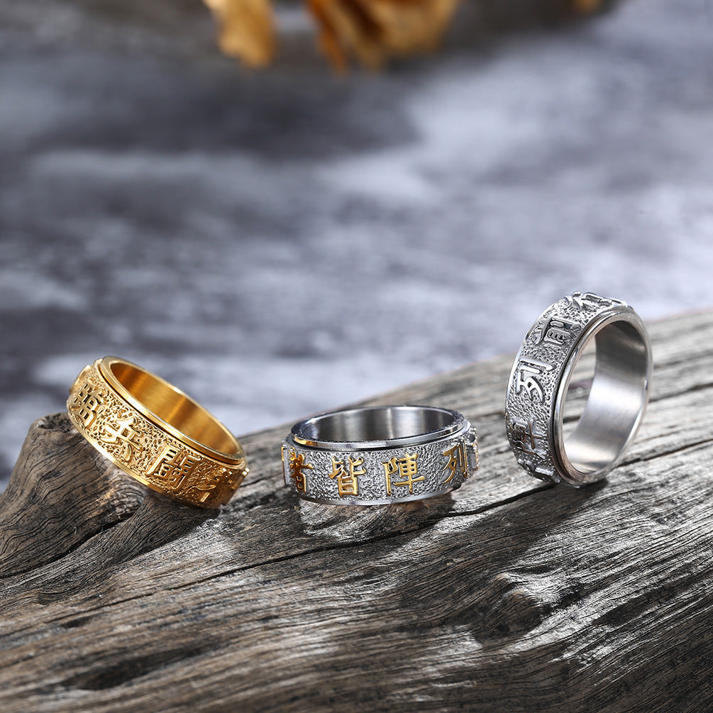 Steel Ring - Vintage Taoist Nine Character Rotating Mantra Ring For Everyday Wear