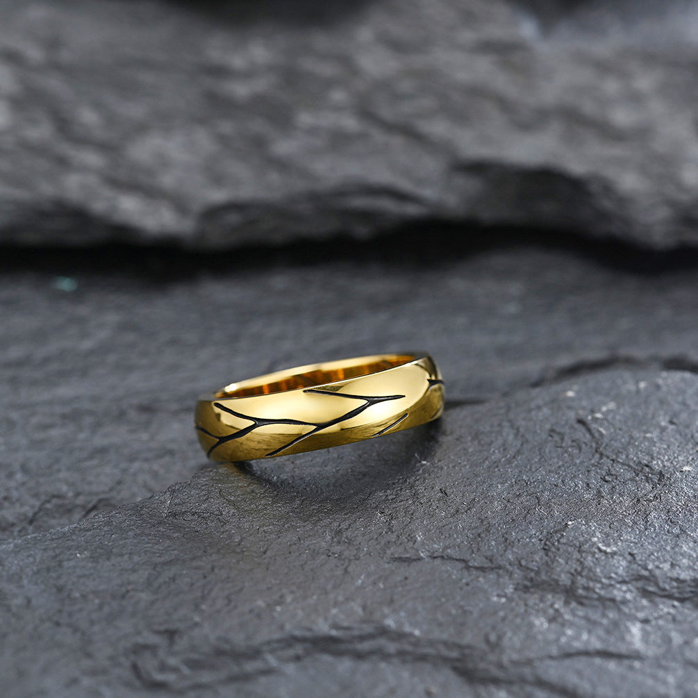 Planderful Men’s Ring Titanium Steel Retro Gold Plated Striped Texture Personalized
