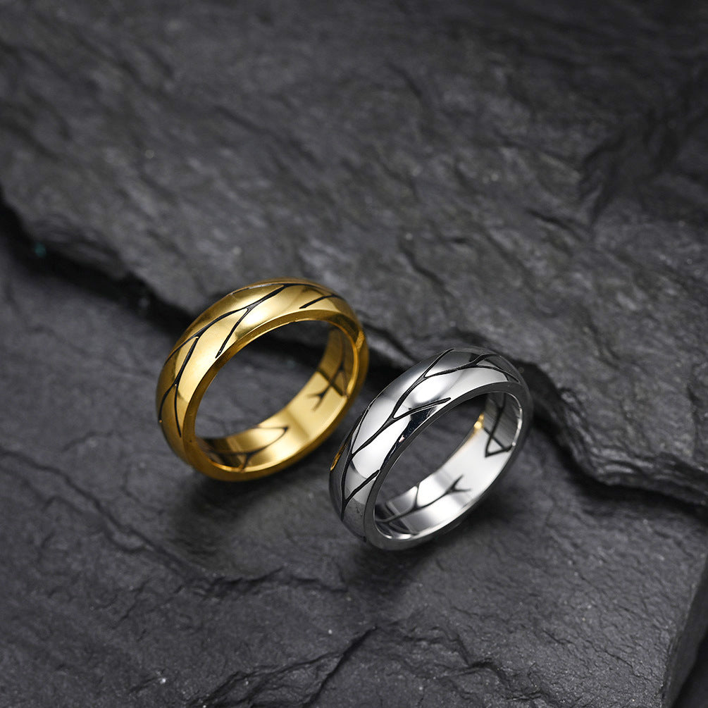 Planderful Men’s Ring Titanium Steel Retro Gold Plated Striped Texture Personalized
