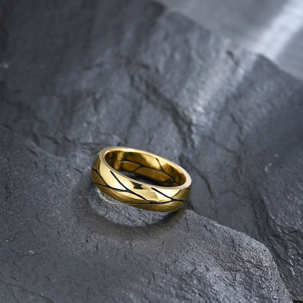 Planderful Men’s Ring Titanium Steel Retro Gold Plated Striped Texture Personalized