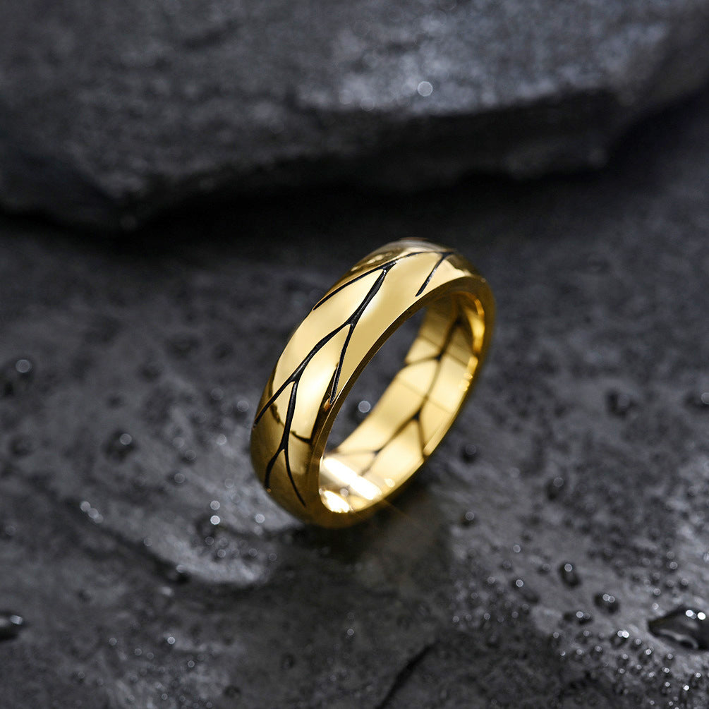 Planderful Men’s Ring Titanium Steel Retro Gold Plated Striped Texture Personalized