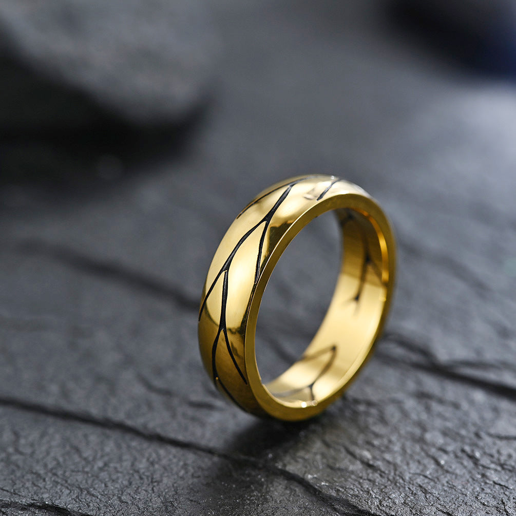 Planderful Men’s Ring Titanium Steel Retro Gold Plated Striped Texture Personalized
