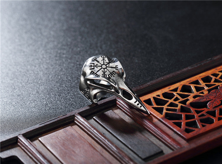 Viking Ring Titanium Steel Unisex Protection Design By Planderful Retro Crow Motif