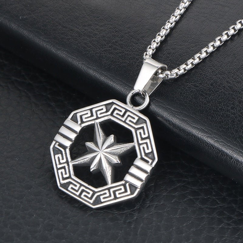 Titanium Steel Vintage Star Flower Necklace for Men with Great Wall Design Pendant
