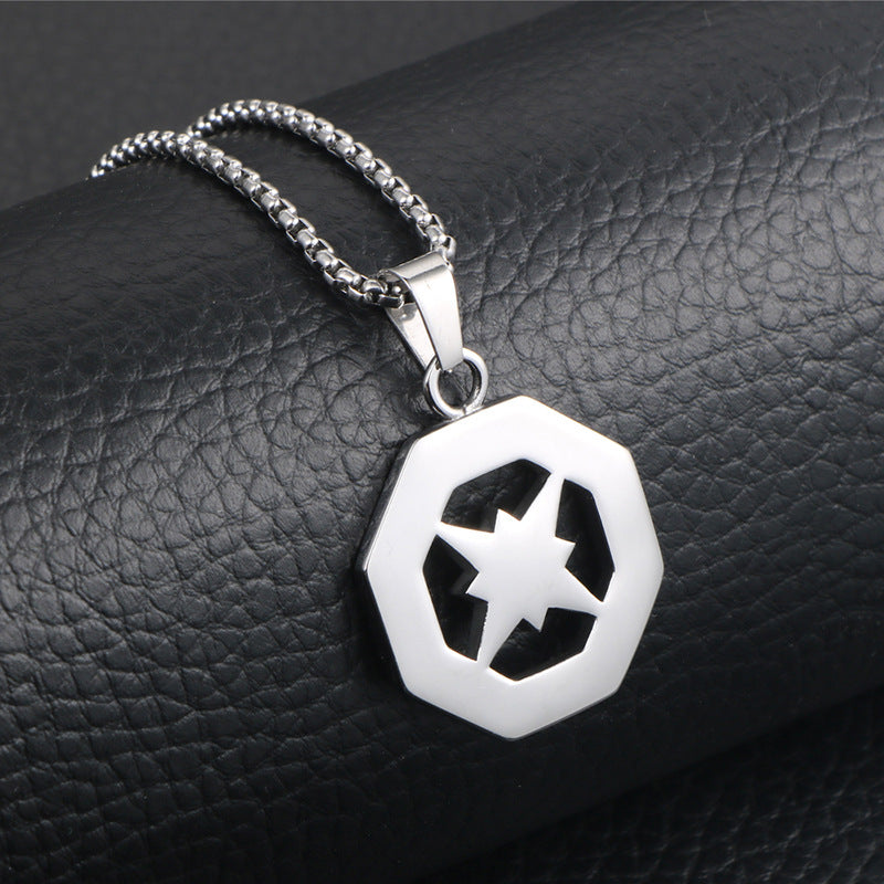 Titanium Steel Vintage Star Flower Necklace for Men with Great Wall Design Pendant