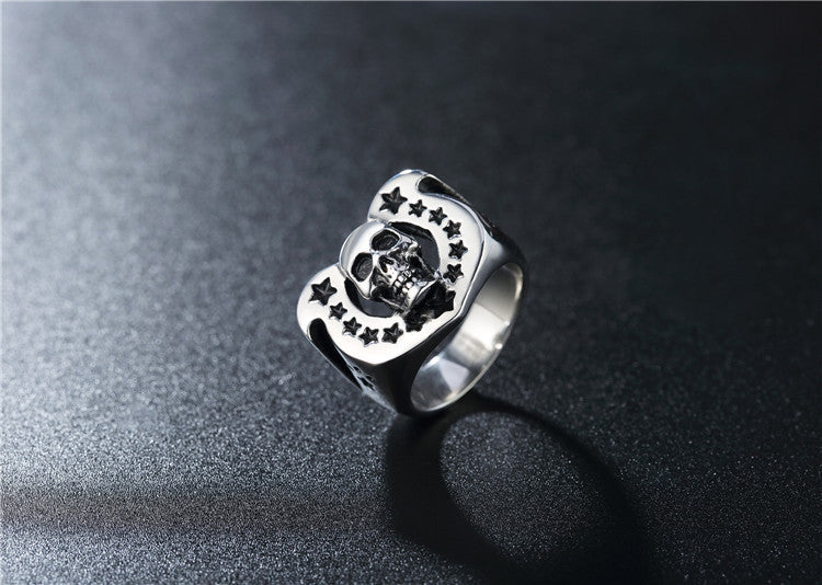 Titanium Steel Horseshoe Skull Ring
