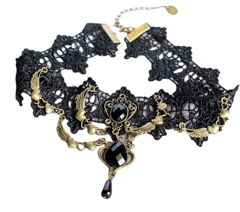 Nightclub Lace Heart Necklace with Gemstone Wing Pendant