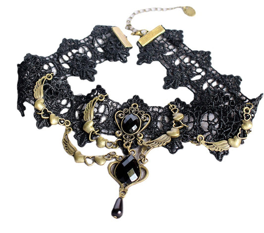 Nightclub Lace Heart Necklace with Gemstone Wing Pendant