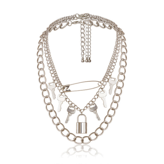 Planderful Vienna Verve Key Lock Layered Necklace for Women Exaggerated Hollow Ring Thick Chain Statement Jewelry