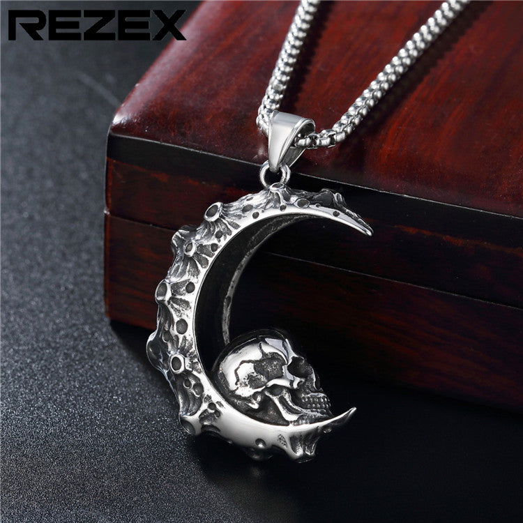 Crescent Skull Titanium Steel Pendant Necklace
