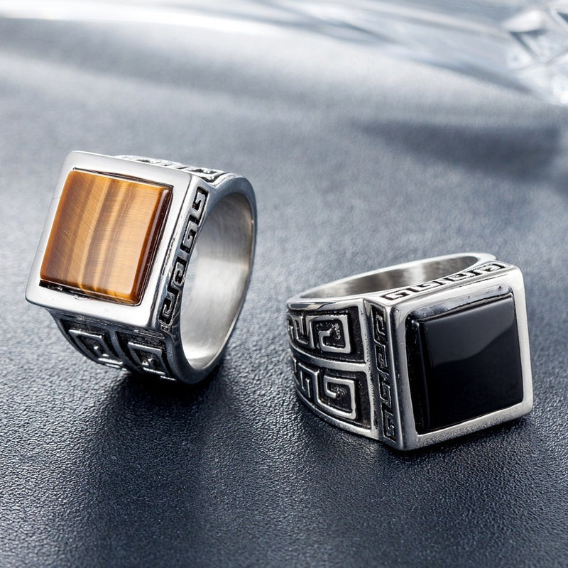 Planderful Titanium Steel Ring For Men Unisex With Durable Matte Black Finish And Great Wall Pattern