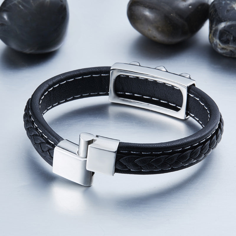 Stainless Steel Buddha Bracelet with Leather Splicing - Stylish Men's Jewelry for Spirituality and Elegance