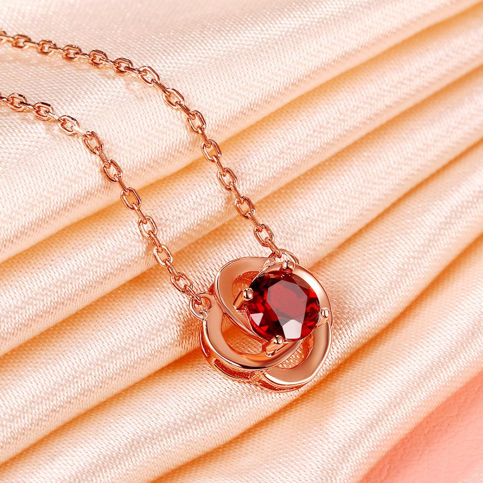 Natural Round Red Garnet Four Leaf Clover Pendant Sterling Silver Necklace