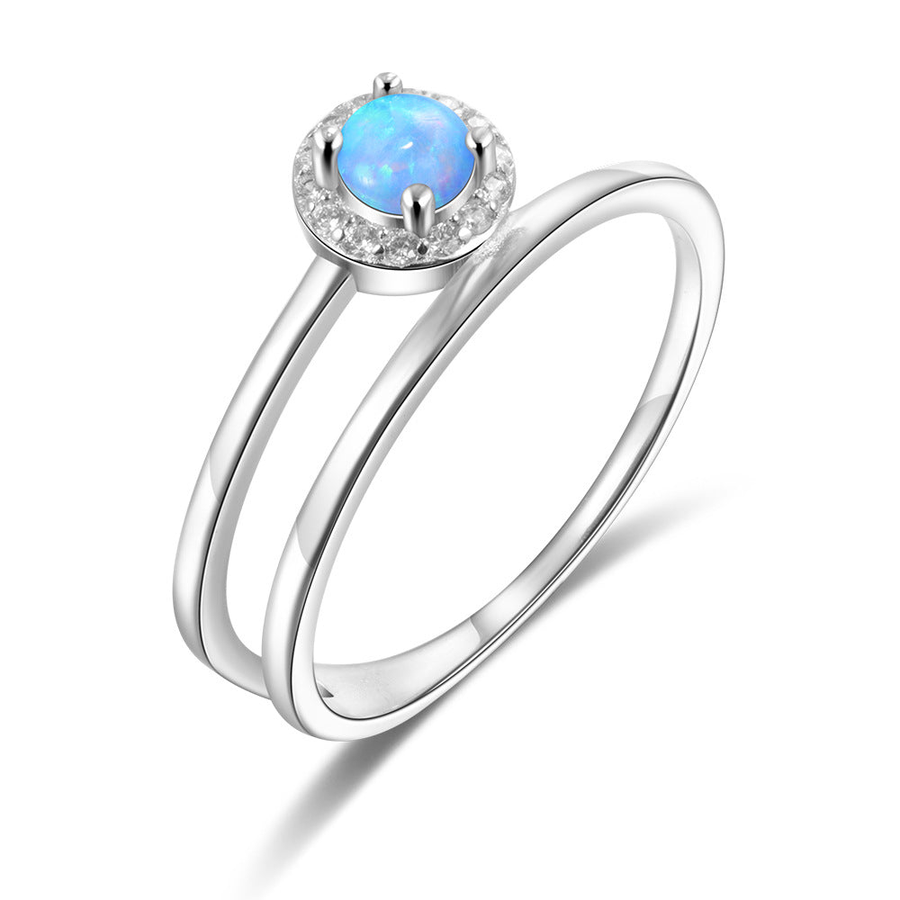 Creative Round Blue Opal Zircon Soleste Halo Split Shank Sterling Silver Ring