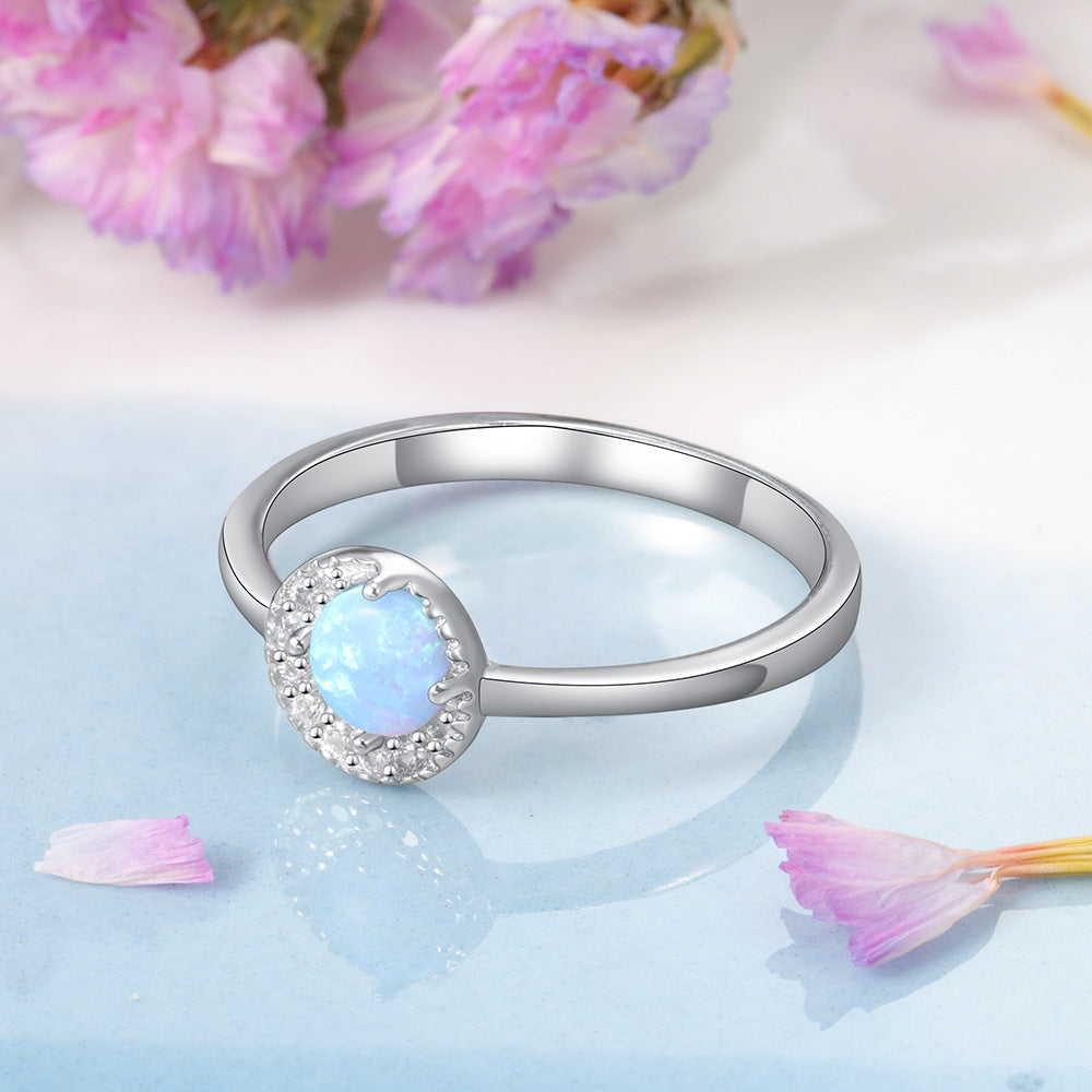 Round Blue Opal Zircon Crescent Halo Sterling Silver Ring