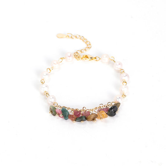 Gold-Plated Flex Bracelet with Crystal, Tourmaline, and Pearl for Women