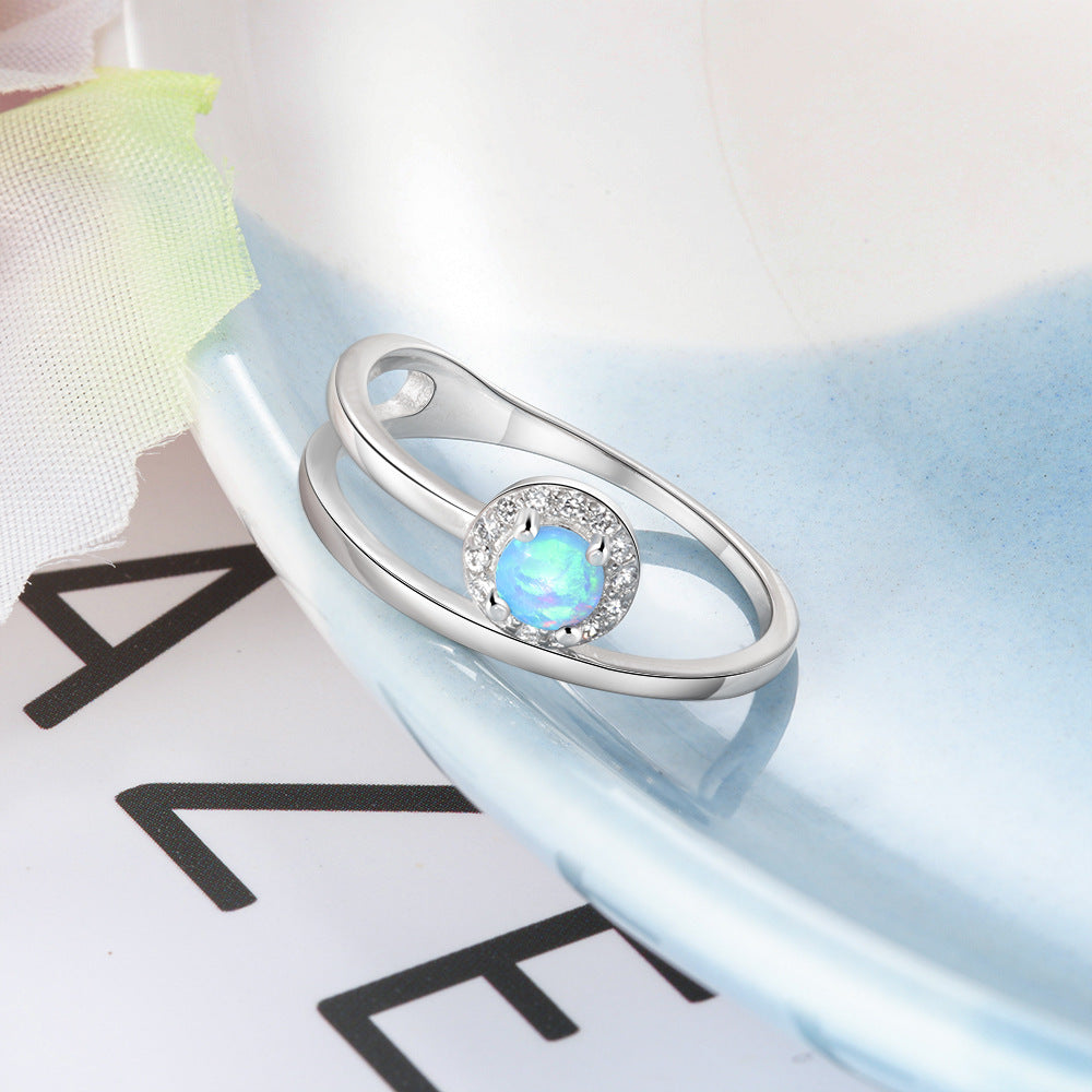 Creative Round Blue Opal Zircon Soleste Halo Split Shank Sterling Silver Ring