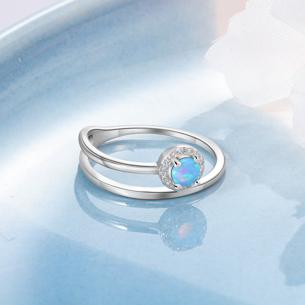Creative Round Blue Opal Zircon Soleste Halo Split Shank Sterling Silver Ring