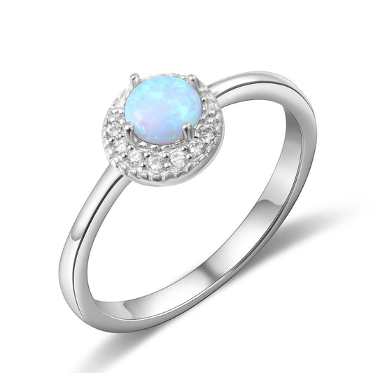 Round Blue Opal Zircon Crescent Halo Sterling Silver Ring