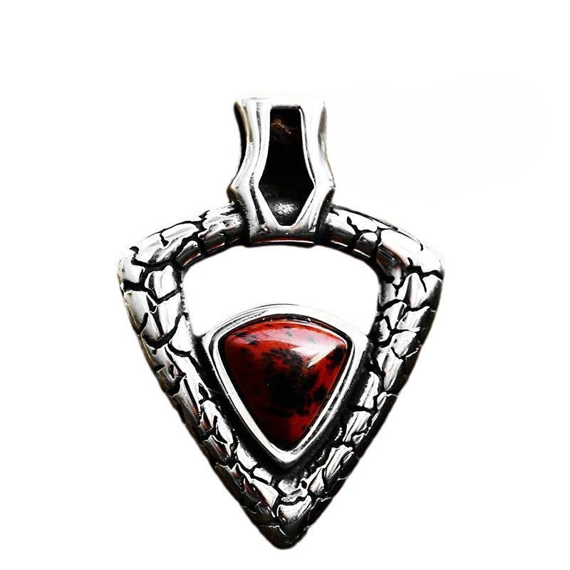 Retro Titanium Steel Serpentine Crack Triangular Pendant with Gemstone for Men