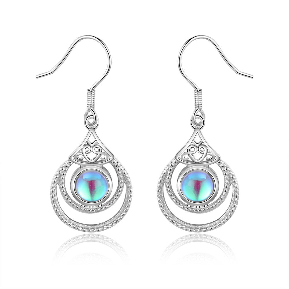 Round Moon Stone Bohemian Style Pendant Sterling Silver Earrings
