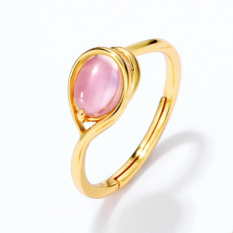 Oval Pink Crystal Water Droplet Opening Silver Ring