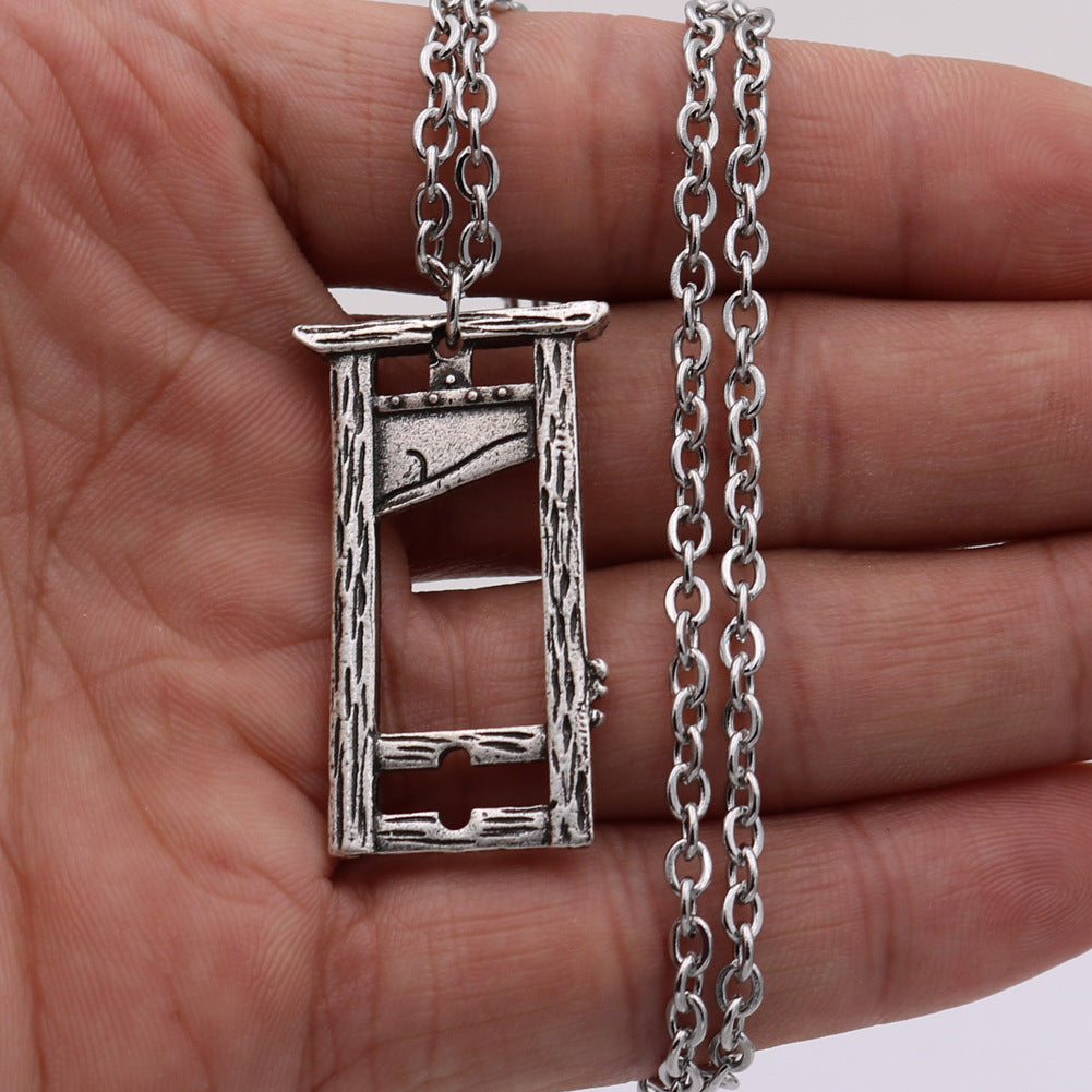 Gothic Rock Pendant Necklace with Guillotine Knife Charm - Titanium Steel Chain and Photo Frame Accent