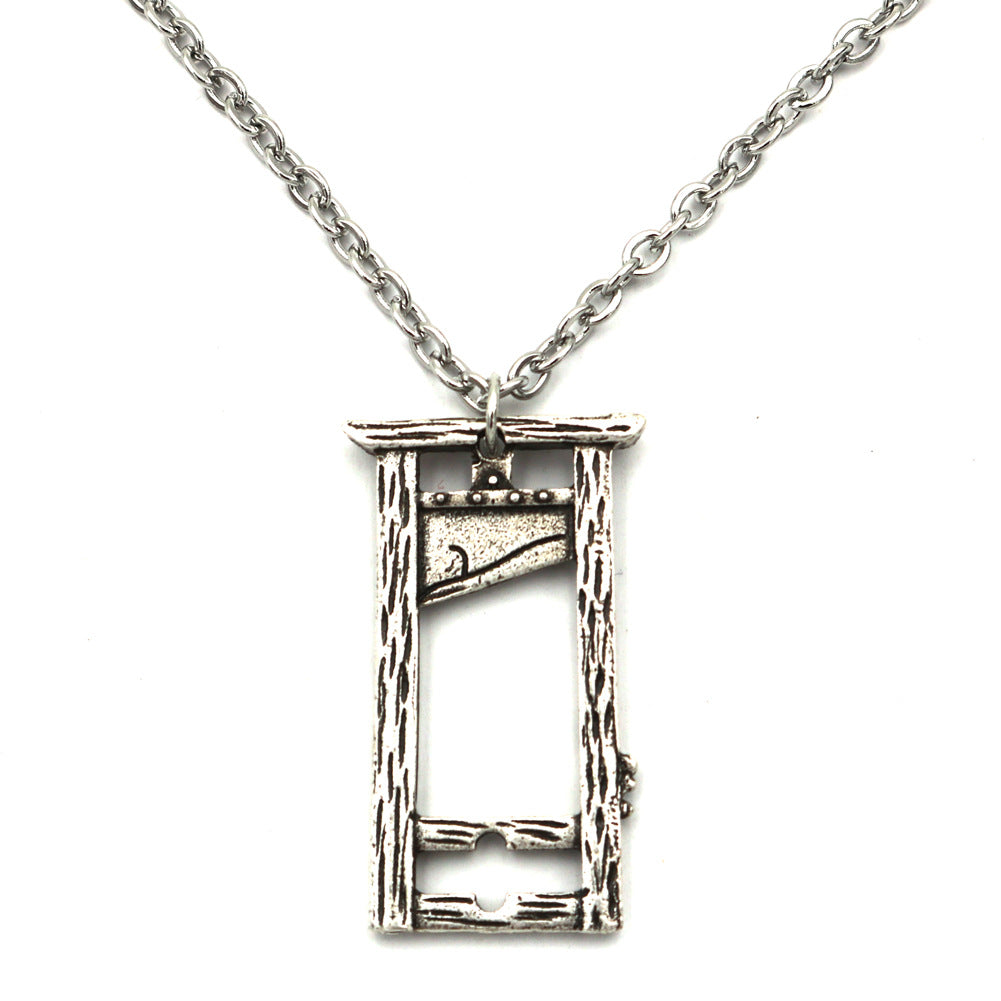Gothic Rock Pendant Necklace with Guillotine Knife Charm - Titanium Steel Chain and Photo Frame Accent