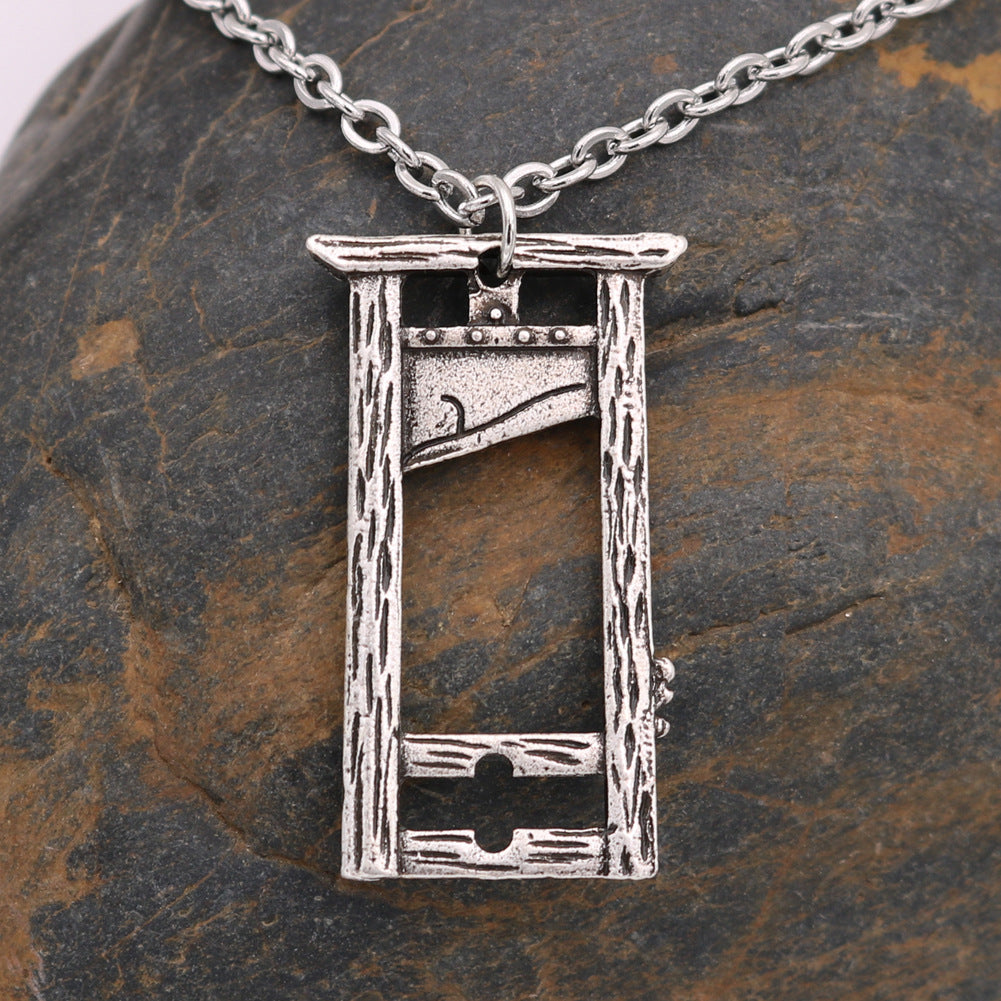 Gothic Rock Pendant Necklace with Guillotine Knife Charm - Titanium Steel Chain and Photo Frame Accent