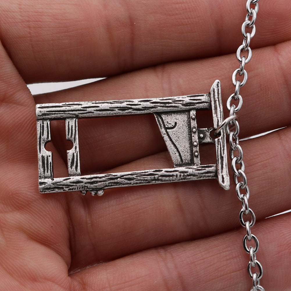 Gothic Rock Pendant Necklace with Guillotine Knife Charm - Titanium Steel Chain and Photo Frame Accent
