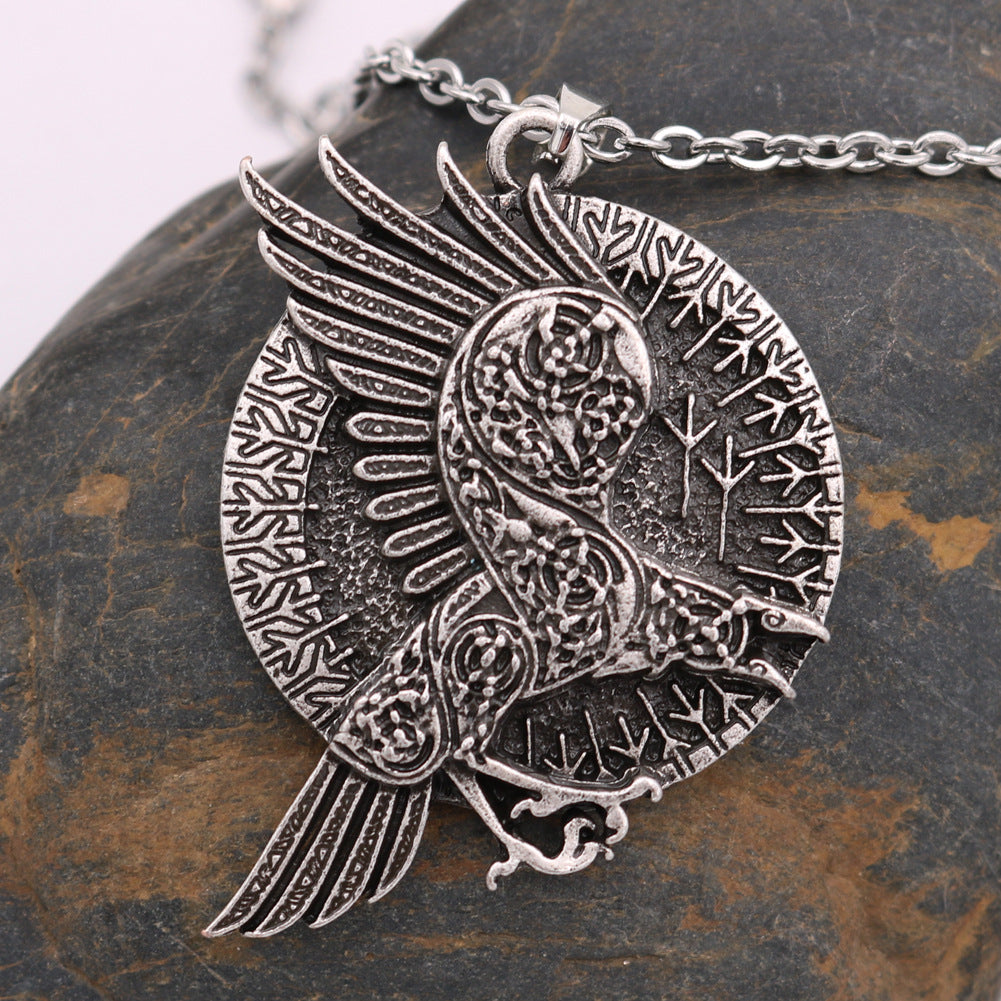 Norse Legacy Viking Rune Crow Necklace with Titanium Steel Chain