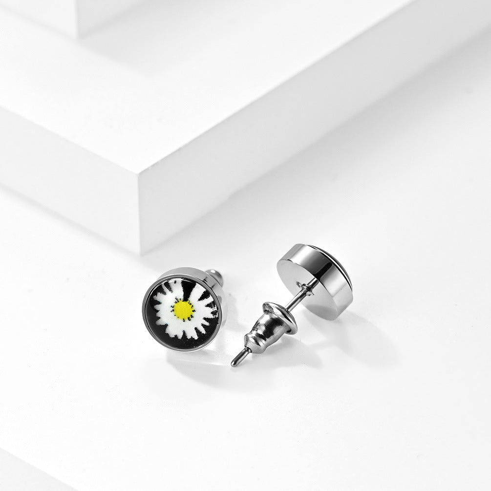 Titanium Steel Small Daisy Stud Earrings for Hipster Couples