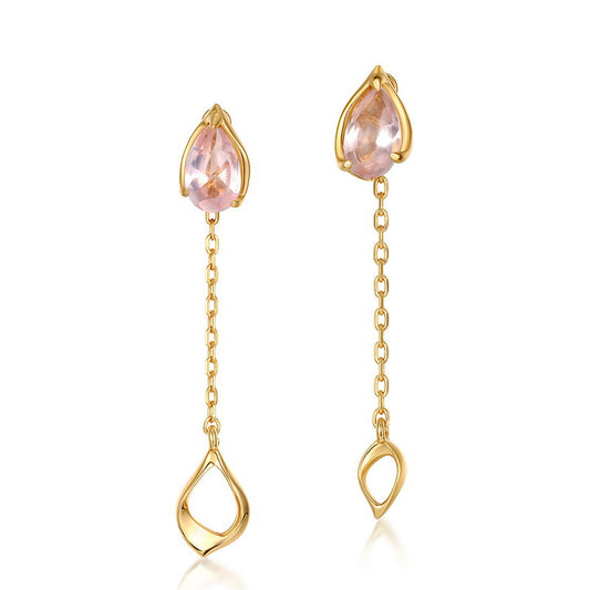 Pear Shape Pink Crystal Long Tassel Silver Drop Earrings