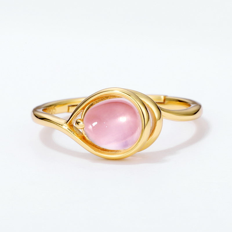 Oval Pink Crystal Water Droplet Opening Silver Ring