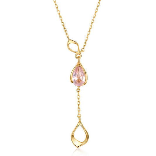 Pear Shape Pink Crystal Pendant Tassel Silver Necklace