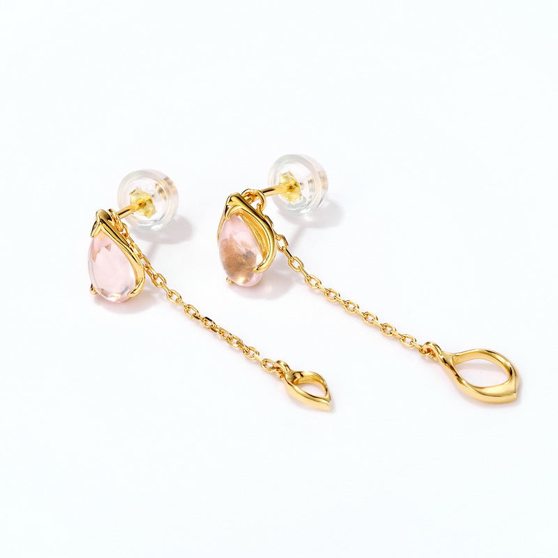 Pear Shape Pink Crystal Long Tassel Silver Drop Earrings