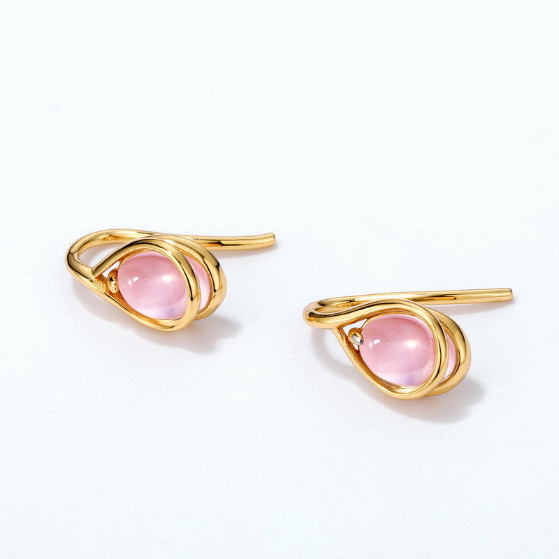 Oval Pink Crystal Water Droplet Silver Hook Earrings