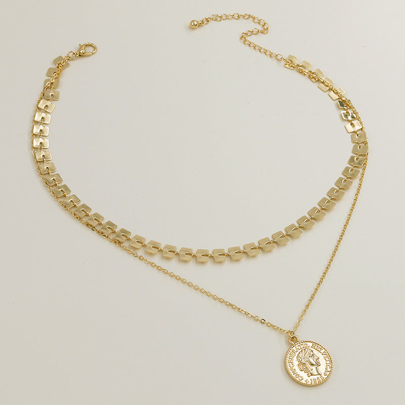 European and American Double-layer Gold Coin Necklace with Hierarchical Chain Jev5elry