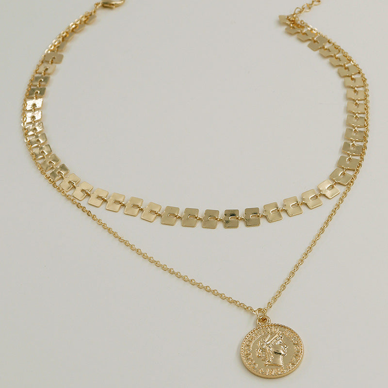 European and American Double-layer Gold Coin Necklace with Hierarchical Chain Jev5elry