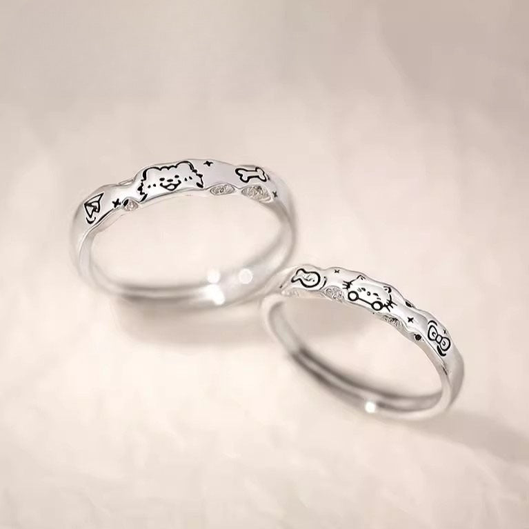 Planderful Sterling Silver Cat And Dog Couple Ring For Girlfriend Adjustable High End Gift