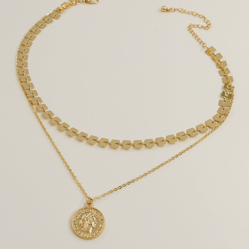 European and American Double-layer Gold Coin Necklace with Hierarchical Chain Jev5elry