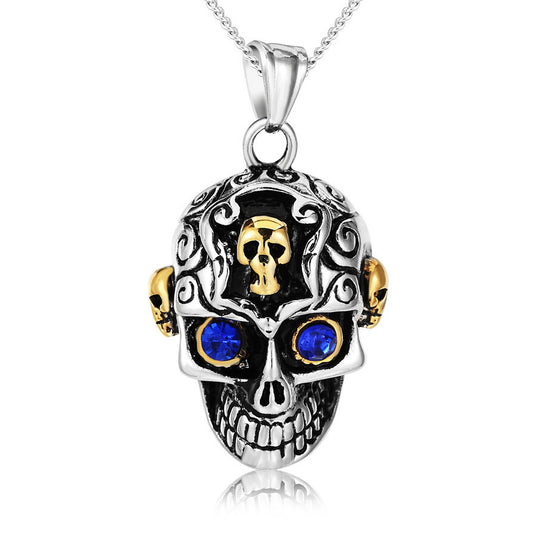 Halloween Blue Zircon Carved Skull Titanium Steel Necklace for Men